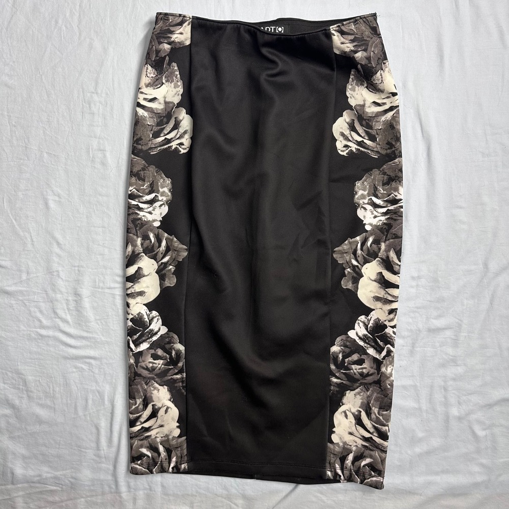 Apt 9 Womens Pencil Skirt Black Rose Print Stretch‎ Knee Length Size Small